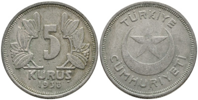 ТУРЦИЯ 5 КУРУШЕЙ 1938 KM 862 медно-никель 4541-245