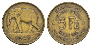 Бельгийское Конго 5 франков 1947 Леопольд III (1934-1951), год-тип KM 29 латунь 1519-542