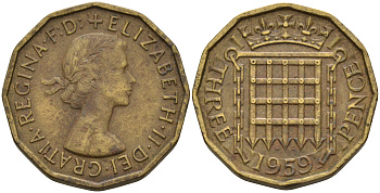 Великобритания 3 пенса 1959 Елизавета II (1952-2022) KM 900, Spink 4153 никель латунь  4603-134