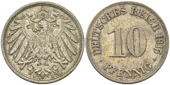 ГЕРМАНИЯ 10 ПФЕННИГОВ 1915 D KM 12, J. 13, Weege 8 медно-никель 212-322