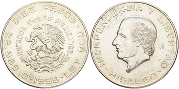 Мексика 10 песо 1955 Мо, Мигель Идальго, свобода и независимость KM 474 серебро 443-1335