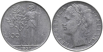 ИТАЛИЯ 100 ЛИР 1957 R, АФИНА KM 96.1 нержавеющая сталь 32-945