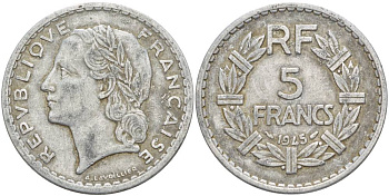 ФРАНЦИЯ 5 ФРАНКОВ 1945 9 ОТКРЫТАЯ KM 888b.1, LE FRANC 339.3 алюминий 4545-923