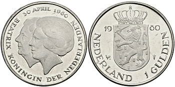 Нидерланды 1 гульден 1980 на коронацию Беатрикс, 30 апреля 1980 KM 200 никель 94-715
