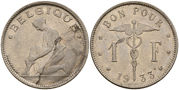 Бельгия 1 франк 1933 Belgique KM 89 никель    4161-1216