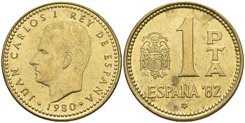 Испания 1 песета 1980 (80) чемпионат мира по футболу 1982 года в Испании, Хуан Карлос I (1975 - 2014) KM 816 алюминиевая бронза 4604-454
