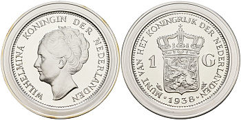 Нидерланды медаль ND серия старинные монеты, Вильгельмина I (1890-1948) - 1 гульден 1938  серебро  UNC  100-00