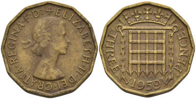 Великобритания 3 пенса 1959 Елизавета II (1952-2022) KM 900, Spink 4153 никель латунь  4603-134