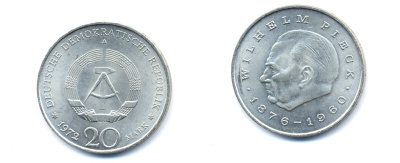 ГДР 20 марок 1972 А, Вильгельм Пик (1876-1960) KM 42 медно-никель 3333-416