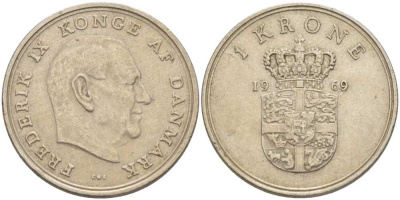 ДАНИЯ 1 КРОНА 1969 C; S, ФРЕДЕРИК IX (1947-1972) KM 851.1 медно-никель 95-725