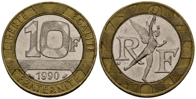 Франция 10 франков 1990 тип Гений Бастилии KM 964.1, Le Frank 375.5 биметалл 4138-327