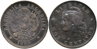 Аргентина 2 сентаво 1889 голова Свободы влево KM 8 бронза 4531-545