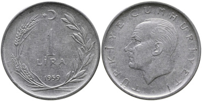 Турция 1 лира 1959 Мустафа Кемаль Ататюрк KM 889а.1 нержавеющая сталь 4541-233
