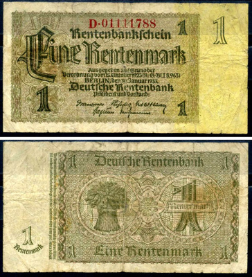 Германия 1 рентенмарка 1937 30 января 1937, восемь цифр в номере, серия D Pick 173 b, Rosenberg 166 b бумага 7376-36-1-1