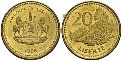 Лесото 20 лисенте 1998 KM 64 сталь плакированная латунью UNC 4602-1131