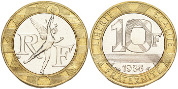 Франция 10 франков 1988 тип Гений Бастилии KM 964.1, Le Frank 375.2 биметалл 4556-146
