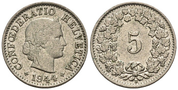 Швейцария 5 раппенов 1944 В KM 26 медно-никель 4576-925