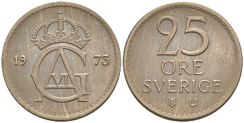 Швеция 25 эре 1973 U, Густав VI Адольф (1950-1973) KM 836 медно-никель UNC 187-842