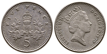 Великобритания 5 пенсов 1990 Елизавета II (1952-2022) KM 937b, Spink 4372 (D4) медно-никель 4383-151