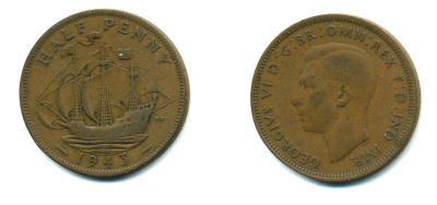 Великобритания 1/2 пенни 1943 Георг VI (1936-1952) KM 844, Spink 4115 бронза 4383-1025
