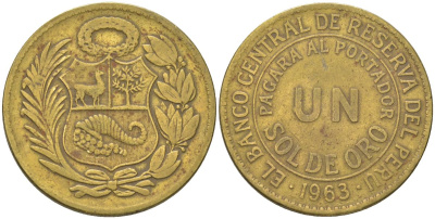 Перу 1 соль 1963 KM 222, Schon 24 латунь 00-00