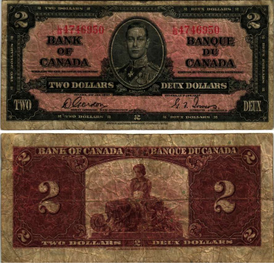 КАНАДА 2 ДОЛЛАРА 1937 ГЕОРГ VI, ПОДПИСЬ GORDON-TOWERS, BABNC Pick 59b бумага 7485-21-3