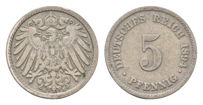 Германия 5 пфеннигов 1894 E, Вильгельм II (1888-1918) KM 11, J. 12 медно-никель 4632-926