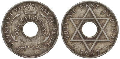 Британская Западная Африка 1/2 пенни 1947 H, Георг VI KM 18 медно-никель 25-2225