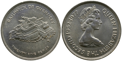 Гернси 25 пенсов 1977 25 лет правления Елизаветы II, крепость KM 31 медно-никель UNC 4044-1021