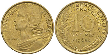 ФРАНЦИЯ 10 САНТИМОВ 1968 ТИП MARIANNE KM 929, LE FRANC 144.8 алюминиевая бронза 116-115