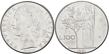Италия 100 лир 1981 R, Афина KM 96.1 нержавеющая сталь 4117-343