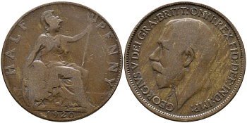 Великобритания 1/2 пенни 1920 Георг V (1910-1936) KM 809, Spink 4056 бронза 65-911