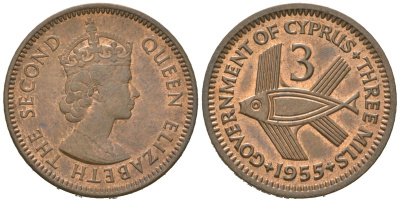 Кипр 3 миля 1955 KM 33 бронза aUNC 4573-1123