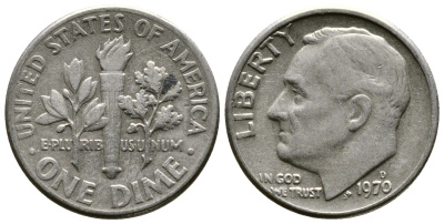 США 10 ЦЕНТОВ = 1 ДАЙМ 1970 D, РУЗВЕЛЬТ KM 195а медь плакированная медно-никелем 73-221