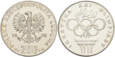 Польша 200 злотых 1976 MW, XXI олимпийские игры 1976 года в Монреале, кольца KM 86, Parchimowicz 306а серебро UNC 1522-715