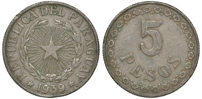 ПАРАГВАЙ 5 ПЕСО 1939 ГОД ТИП KM 18 медно-никель 72-1526