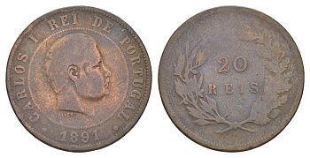 Португалия 20 реалов 1891 KM 533 бронза 4519-325