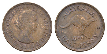 Австралия 1/2 пенни 1959 Елизавета II (1952-2022), кенгуру KM 61 бронза 4671-444