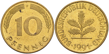ФРГ 10 пфеннигов 1991 F KM 108, J. 383 сталь плакированная латунью 4175-1054