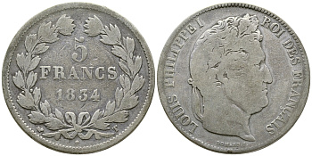 Франция 5 франков 1834 T, Луи Филипп I (1830-1848) KM 749.12 серебро 4386-314