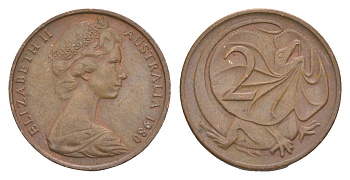 Австралия 2 цента 1980 Елизавета II (1952-2022), плащеносная ящерица KM 63 бронза 4580-1122