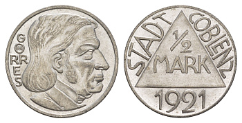 Кобленц 1/2 марки 1921 Funck 80.9A, Men05 4526.18, Men18 5727.18/20 сталь UNC 4637-1136