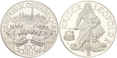 Австрия 100 шиллингов 1993 Леопольд I, в коробке, с сертификатом подлинности KM 3009 серебро PROOF 00-00