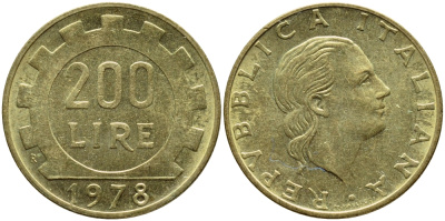 Италия 200 лир 1978 R, шестерня KM 105 алюминиевая бронза 4395-543