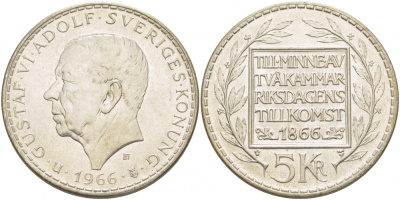 Швеция 5 крон 1966 U, Густав VI Адольф (1950-1973), 100 лет конституционным реформам KM 839 серебро UNC 1087-2-11