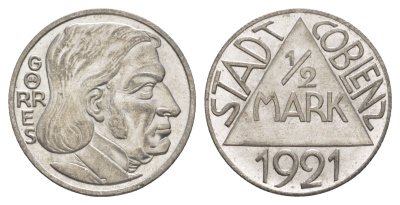 Кобленц 1/2 марки 1921 Funck 80.9A, Men05 4526.18, Men18 5727.18/20 сталь UNC 4637-1136