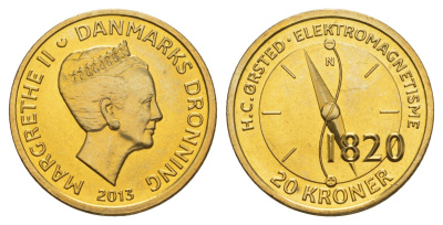 Дания 20 крон 2013 Датские ученые - Ханс Кристиан Эрстед KM 958 алюминиевая бронза UNC 4648-135