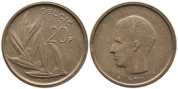 БЕЛЬГИЯ 20 ФРАНКОВ 1980 BELGIE, БОДУЭН I (1951-1993) КМ 160 никель бронза 56-1157