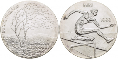 Финляндия 50 марок 1983 K-T, чемпионат мира по атлетике, бег с препятствиями KM 61 серебро UNC 1515-1231