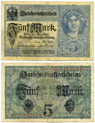 ГЕРМАНИЯ 5 МАРОК 1917 1 АВГУСТА 1917, ВОСЕМЬ ЦИФР В НОМЕРЕ СЕРИИ, СЕРИЯ Р Pick 56b, Rosenberg 54b бумага 8613-7-2-2